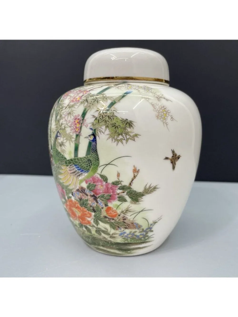 Vintage 70s Japan Yamaji Ginger Jar Peacocks Floral Porcelain Hand Painted